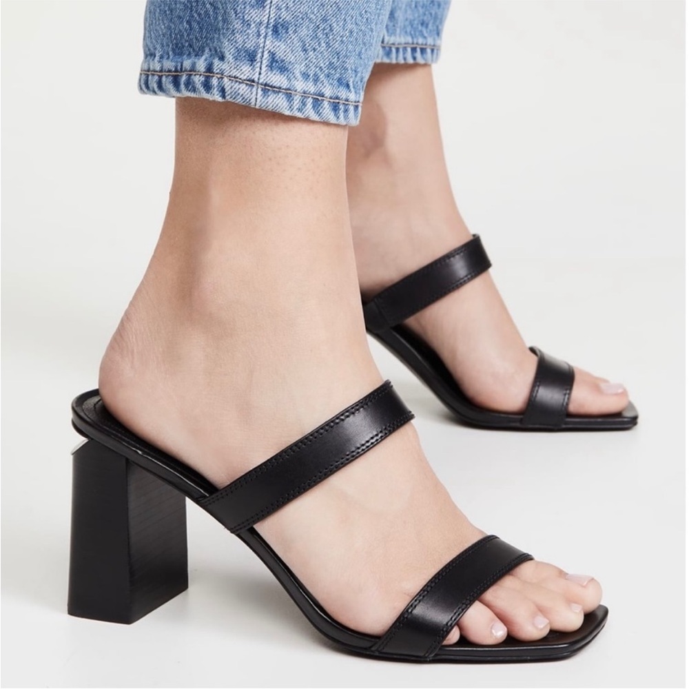 Alexander Wang Hayden Leather Square Toe Minimalist Slide Mule Sandal Heel Black - Picture 2 of 16